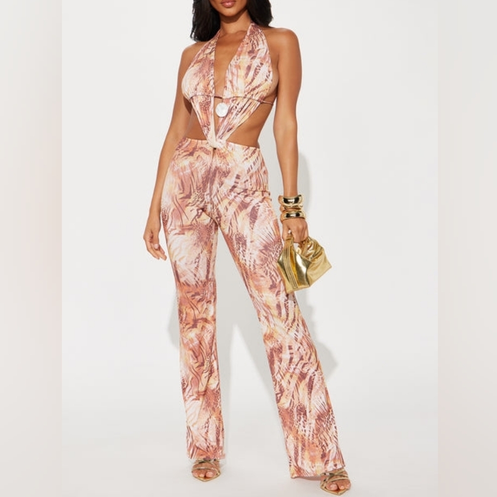 fashion nova selita cut out jumpsuit NWT taupe